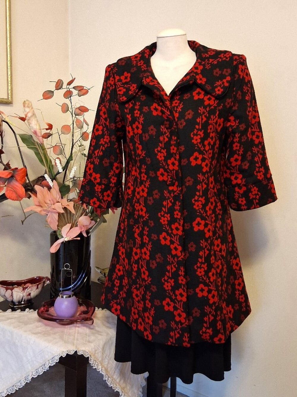 Elegant Floral Pea Coat Lined 100% Cotton Trench Coat Warm Peacoat Outerwear L